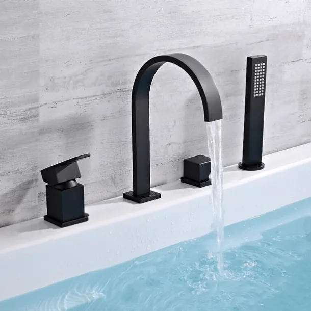 Bathtub Faucet Deck Mounted, Widespread Bathroom Faucet Bath Roman Tub Filler Mixer Tap Brass, 4 Hole 2 Handle Shower Sprayer with Cold Hot Water Hose