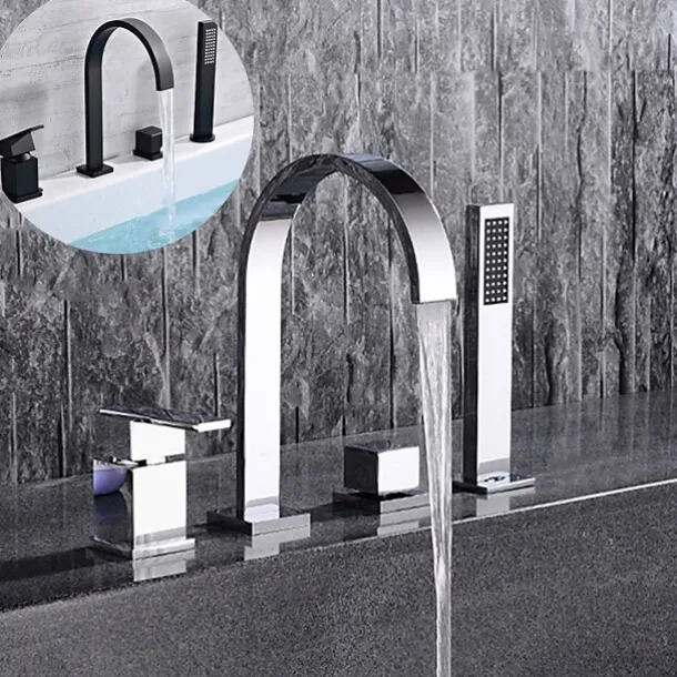 Bathtub Faucet Deck Mounted, Widespread Bathroom Faucet Bath Roman Tub Filler Mixer Tap Brass, 4 Hole 2 Handle Shower Sprayer with Cold Hot Water Hose