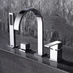 Bathtub Faucet Deck Mounted, Widespread Bathroom Faucet Bath Roman Tub Filler Mixer Tap Brass, 4 Hole 2 Handle Shower Sprayer with Cold Hot Water Hose