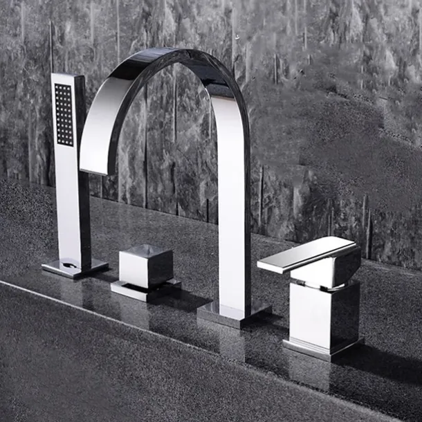 Bathtub Faucet Deck Mounted, Widespread Bathroom Faucet Bath Roman Tub Filler Mixer Tap Brass, 4 Hole 2 Handle Shower Sprayer with Cold Hot Water Hose