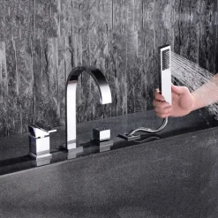 Bathtub Faucet Deck Mounted, Widespread Bathroom Faucet Bath Roman Tub Filler Mixer Tap Brass, 4 Hole 2 Handle Shower Sprayer with Cold Hot Water Hose