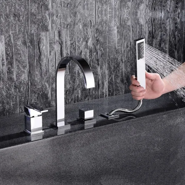 Bathtub Faucet Deck Mounted, Widespread Bathroom Faucet Bath Roman Tub Filler Mixer Tap Brass, 4 Hole 2 Handle Shower Sprayer with Cold Hot Water Hose