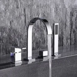 Bathtub Faucet Deck Mounted, Widespread Bathroom Faucet Bath Roman Tub Filler Mixer Tap Brass, 4 Hole 2 Handle Shower Sprayer with Cold Hot Water Hose