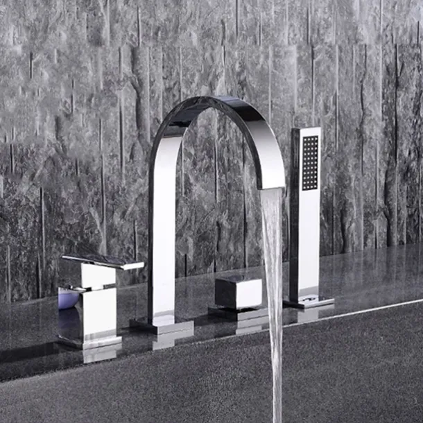 Bathtub Faucet Deck Mounted, Widespread Bathroom Faucet Bath Roman Tub Filler Mixer Tap Brass, 4 Hole 2 Handle Shower Sprayer with Cold Hot Water Hose