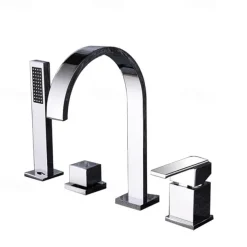 Bathtub Faucet Deck Mounted, Widespread Bathroom Faucet Bath Roman Tub Filler Mixer Tap Brass, 4 Hole 2 Handle Shower Sprayer with Cold Hot Water Hose