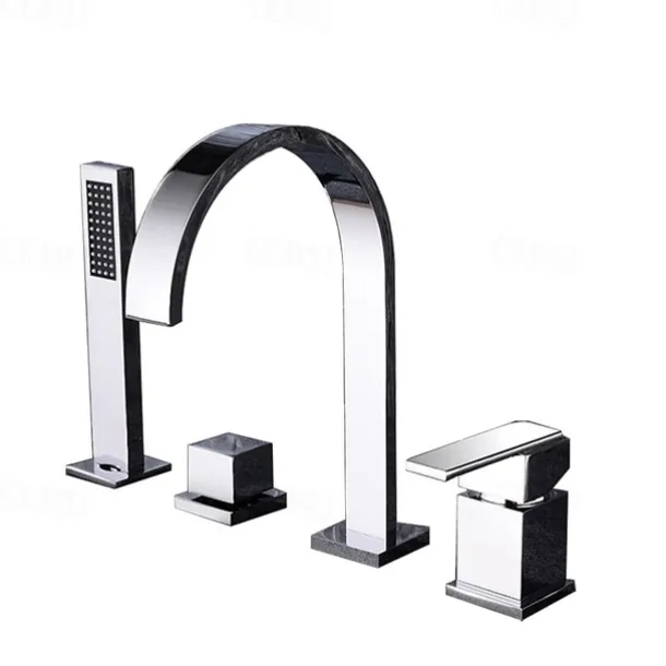 Bathtub Faucet Deck Mounted, Widespread Bathroom Faucet Bath Roman Tub Filler Mixer Tap Brass, 4 Hole 2 Handle Shower Sprayer with Cold Hot Water Hose