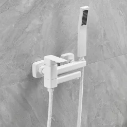 Bathtub Faucet Dual Spout Wall Mounted White, Bath Tub Filler Mixer Brass Tap with Heldhand Showerhand, Ceramic Valve Single Handle Control