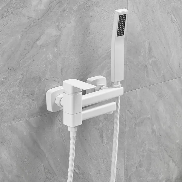 Bathtub Faucet Dual Spout Wall Mounted White, Bath Tub Filler Mixer Brass Tap with Heldhand Showerhand, Ceramic Valve Single Handle Control