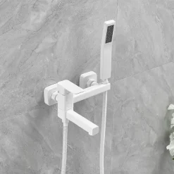 Bathtub Faucet Dual Spout Wall Mounted White, Bath Tub Filler Mixer Brass Tap with Heldhand Showerhand, Ceramic Valve Single Handle Control