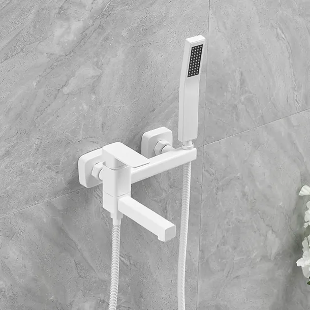 Bathtub Faucet Dual Spout Wall Mounted White, Bath Tub Filler Mixer Brass Tap with Heldhand Showerhand, Ceramic Valve Single Handle Control