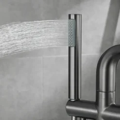 Bathtub Faucet Floor Mount Freestanding Tub Filler Brass High Flow Shower Faucets with Handheld Shower Mixer Taps Swivel Spout(Gun Grey/Brushed Golden)