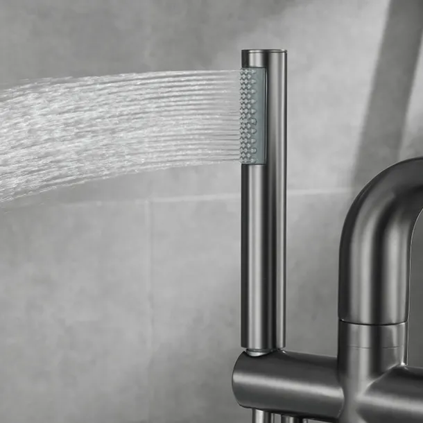 Bathtub Faucet Floor Mount Freestanding Tub Filler Brass High Flow Shower Faucets with Handheld Shower Mixer Taps Swivel Spout(Gun Grey/Brushed Golden)