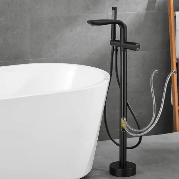 Bathtub Faucet Floor Mount Freestanding Tub Filler Brass High Flow Shower Faucets with Handheld Shower Mixer Taps Swivel Spout(Gun Grey/Brushed Golden)