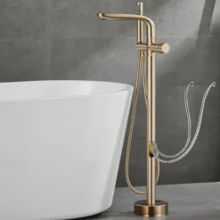 Bathtub Faucet Floor Mount Freestanding Tub Filler Brass High Flow Shower Faucets with Handheld Shower Mixer Taps Swivel Spout(Gun Grey/Brushed Golden)