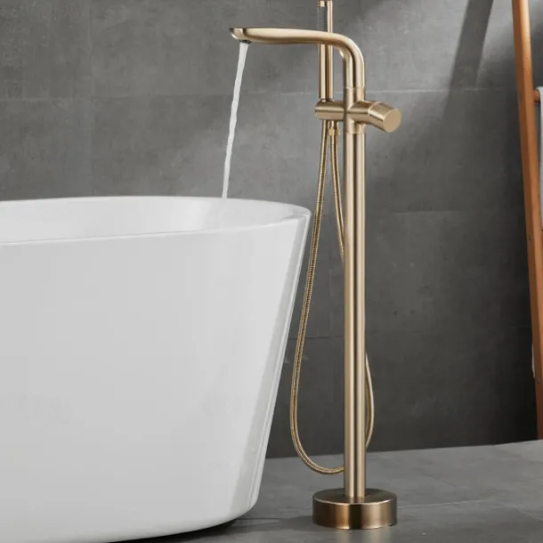 Bathtub Faucet Floor Mount Freestanding Tub Filler Brass High Flow Shower Faucets with Handheld Shower Mixer Taps Swivel Spout(Gun Grey/Brushed Golden)