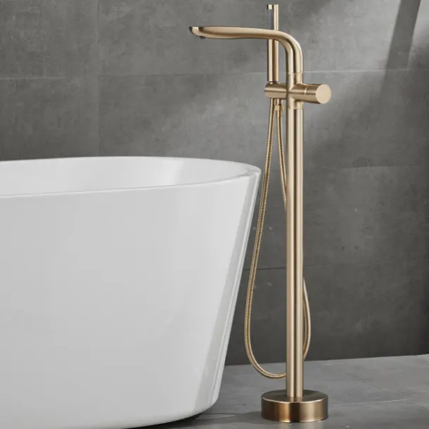 Bathtub Faucet Floor Mount Freestanding Tub Filler Brass High Flow Shower Faucets with Handheld Shower Mixer Taps Swivel Spout(Gun Grey/Brushed Golden)