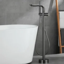 Bathtub Faucet Floor Mount Freestanding Tub Filler Brass High Flow Shower Faucets with Handheld Shower Mixer Taps Swivel Spout(Gun Grey/Brushed Golden)