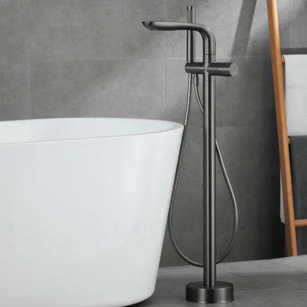 Bathtub Faucet Floor Mount Freestanding Tub Filler Brass High Flow Shower Faucets with Handheld Shower Mixer Taps Swivel Spout(Gun Grey/Brushed Golden)