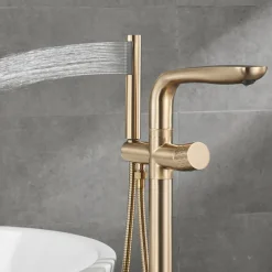 Bathtub Faucet Floor Mount Freestanding Tub Filler Brass High Flow Shower Faucets with Handheld Shower Mixer Taps Swivel Spout(Gun Grey/Brushed Golden)