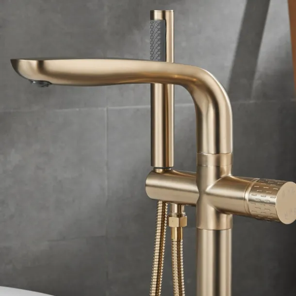 Bathtub Faucet Floor Mount Freestanding Tub Filler Brass High Flow Shower Faucets with Handheld Shower Mixer Taps Swivel Spout(Gun Grey/Brushed Golden)