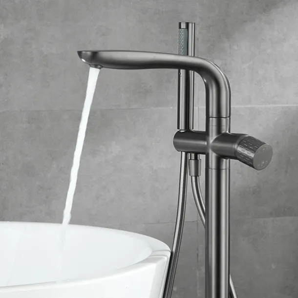 Bathtub Faucet Floor Mount Freestanding Tub Filler Brass High Flow Shower Faucets with Handheld Shower Mixer Taps Swivel Spout(Gun Grey/Brushed Golden)