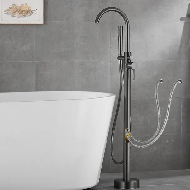 Bathtub Faucet Floor Mount Freestanding Tub Filler Brass High Flow Shower Faucets with Handheld Shower Mixer Taps Swivel Spout(Gun Grey)