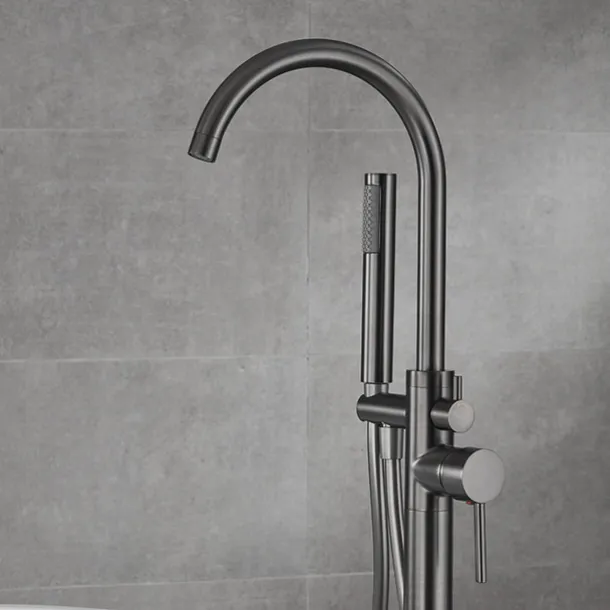 Bathtub Faucet Floor Mount Freestanding Tub Filler Brass High Flow Shower Faucets with Handheld Shower Mixer Taps Swivel Spout(Gun Grey)