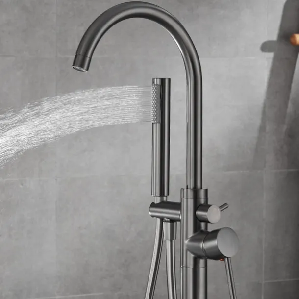 Bathtub Faucet Floor Mount Freestanding Tub Filler Brass High Flow Shower Faucets with Handheld Shower Mixer Taps Swivel Spout(Gun Grey)