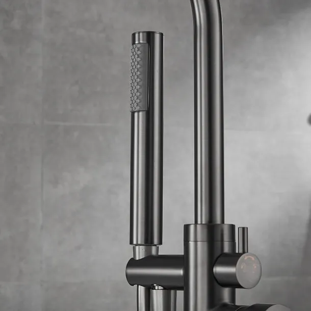 Bathtub Faucet Floor Mount Freestanding Tub Filler Brass High Flow Shower Faucets with Handheld Shower Mixer Taps Swivel Spout(Gun Grey)