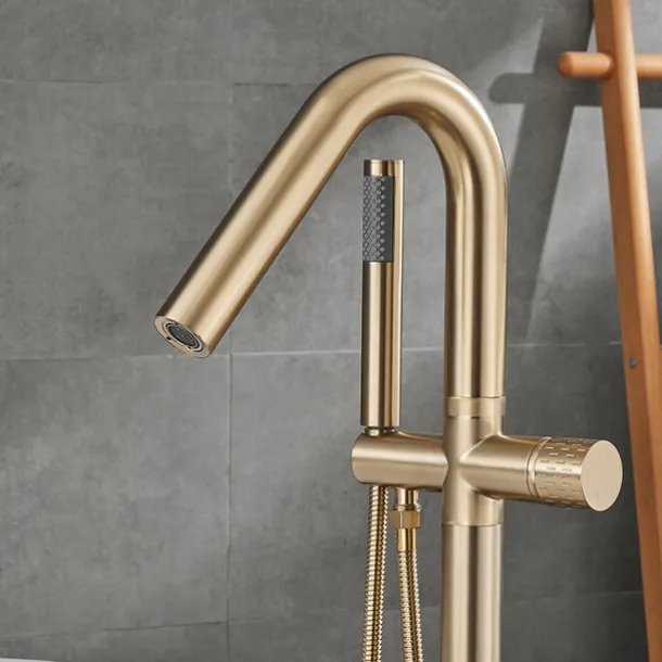 Bathtub Faucet Floor Mount Freestanding Tub Filler Brass High Flow Shower Faucets with Handheld Shower Mixer Taps Swivel Spout