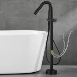 Bathtub Faucet Floor Mount Freestanding Tub Filler Brass High Flow Shower Faucets with Handheld Shower Mixer Taps Swivel Spout