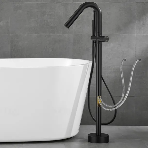 Bathtub Faucet Floor Mount Freestanding Tub Filler Brass High Flow Shower Faucets with Handheld Shower Mixer Taps Swivel Spout