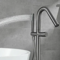 Bathtub Faucet Floor Mount Freestanding Tub Filler Brass High Flow Shower Faucets with Handheld Shower Mixer Taps Swivel Spout