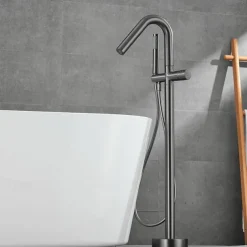 Bathtub Faucet Floor Mount Freestanding Tub Filler Brass High Flow Shower Faucets with Handheld Shower Mixer Taps Swivel Spout