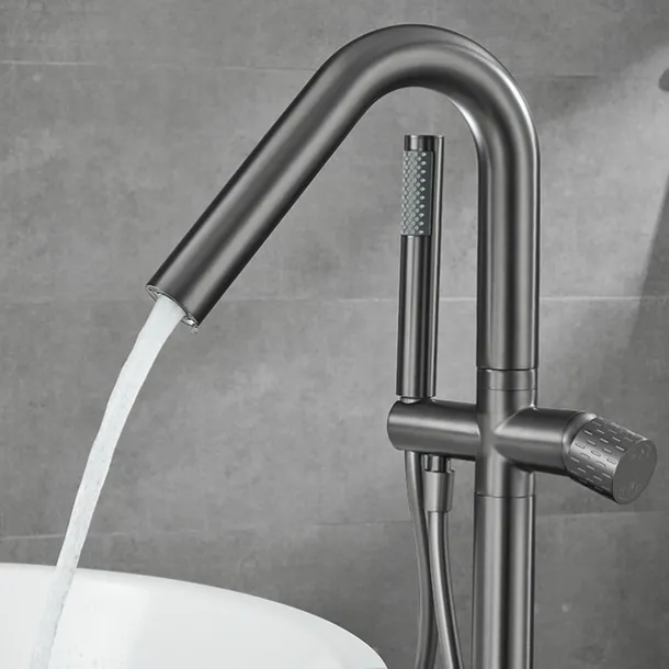 Bathtub Faucet Floor Mount Freestanding Tub Filler Brass High Flow Shower Faucets with Handheld Shower Mixer Taps Swivel Spout