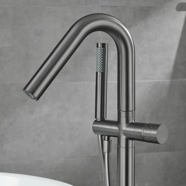 Bathtub Faucet Floor Mount Freestanding Tub Filler Brass High Flow Shower Faucets with Handheld Shower Mixer Taps Swivel Spout