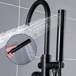 Bathtub Faucet Floor Mount Freestanding Bath Tub Filler Mixer Taps Brass, 360 Swivel High Arc Spout Standing Shower Clawfoot Tub with Handheld Shower Mixer Taps