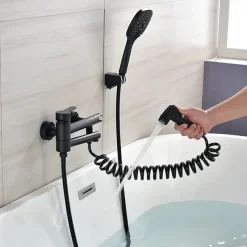 Bathtub Faucet Wall Mounted Black, 3 Spout Bathroom Faucet Bath Roman Tub Filler Mixer Tap Brass with 2 Sprayer Bidet Sprayer