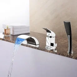 Bathtub Faucet Waterfall Spout LED 3 Color Water Flow with Heldhand Shower, Widespread Bath Roman Tub Filler Mixer Tap Bathroom 3 Hole Deck Mounted