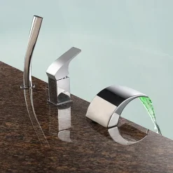 Bathtub Faucet Waterfall Spout LED 3 Color Water Flow with Heldhand Shower, Widespread Bath Roman Tub Filler Mixer Tap Bathroom 3 Hole Deck Mounted