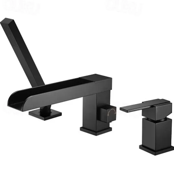 Bathtub Faucet Waterfall Long Spout Bath Tub Filler Mixer Taps Golden with Heldhand Shower 60 inch Hose, 3 Hole 2 Handle Deck Mounted Widespread Bathroom