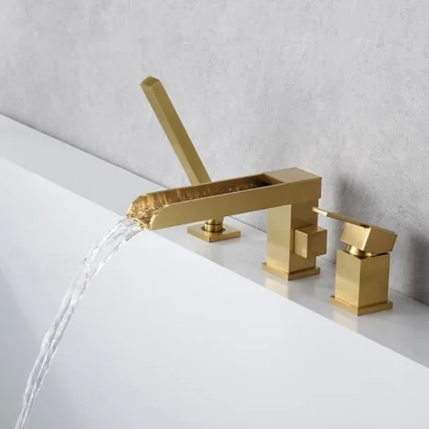 Bathtub Faucet Waterfall Long Spout Bath Tub Filler Mixer Taps Golden with Heldhand Shower 60 inch Hose, 3 Hole 2 Handle Deck Mounted Widespread Bathroom