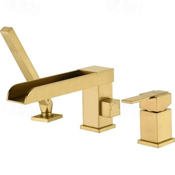 Bathtub Faucet Waterfall Long Spout Bath Tub Filler Mixer Taps Golden with Heldhand Shower 60 inch Hose, 3 Hole 2 Handle Deck Mounted Widespread Bathroom