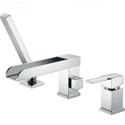 Bathtub Faucet Waterfall Long Spout Bath Tub Filler Mixer Taps Golden with Heldhand Shower 60 inch Hose, 3 Hole 2 Handle Deck Mounted Widespread Bathroom