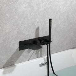 Bathtub Faucet,Brass Brushed Gold/Black Wall Installation Waterfall Included Handshower of Spray Type Bath Shower Mixer Taps with Hot and Cold Water