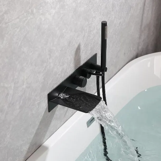 Bathtub Faucet,Brass Brushed Gold/Black Wall Installation Waterfall Included Handshower of Spray Type Bath Shower Mixer Taps with Hot and Cold Water