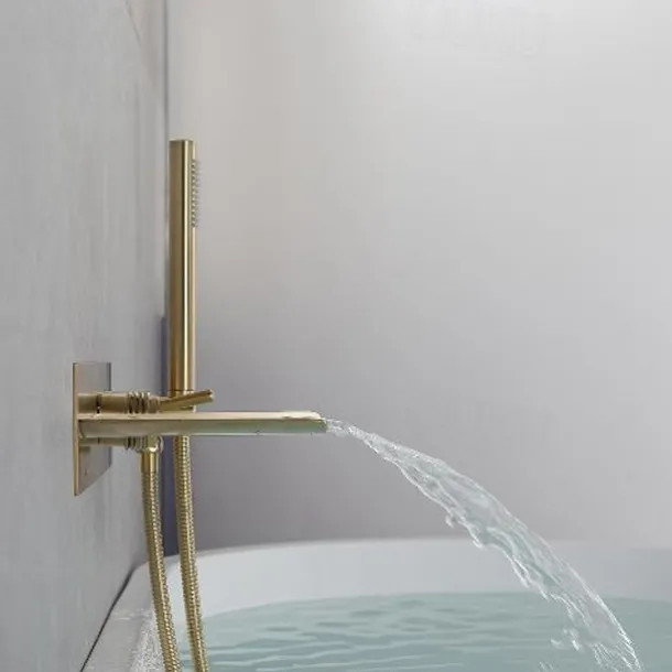 Bathtub Faucet,Brass Brushed Gold/Black Wall Installation Waterfall Included Handshower of Spray Type Bath Shower Mixer Taps with Hot and Cold Water