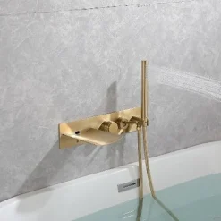 Bathtub Faucet,Brass Brushed Gold/Black Wall Installation Waterfall Included Handshower of Spray Type Bath Shower Mixer Taps with Hot and Cold Water