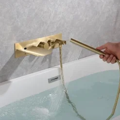 Bathtub Faucet,Brass Brushed Gold/Black Wall Installation Waterfall Included Handshower of Spray Type Bath Shower Mixer Taps with Hot and Cold Water