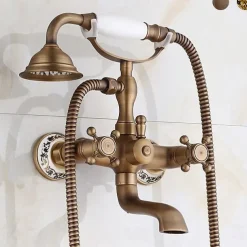 Bathtub Filler Cold/Hot Water Mixer Clawfoot Antique Copper Finish Wall Mount Tub Filler with Hand Held Shower Faucet 2 Cross Handles with Tub Spout Vintage Style